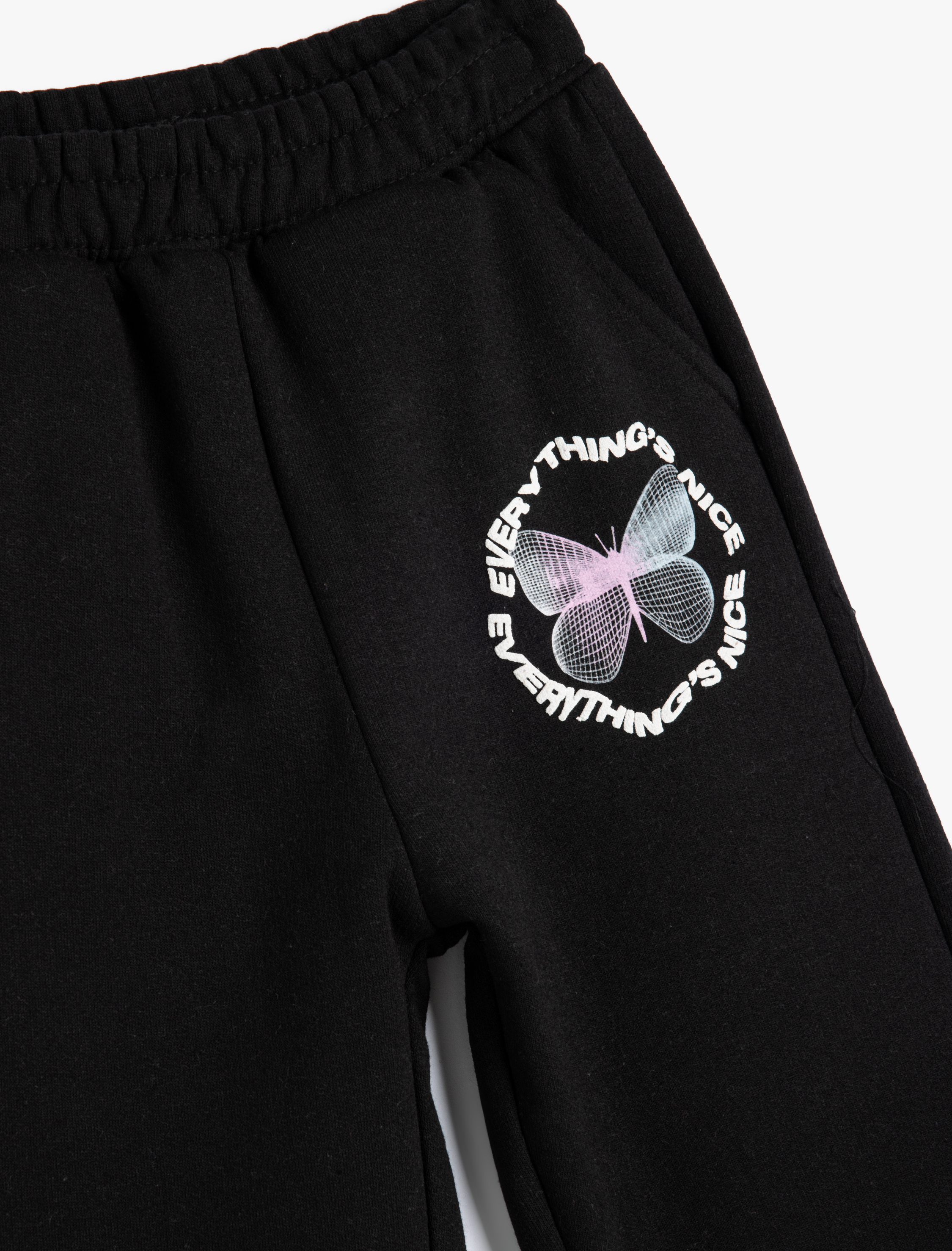 Kız Çocuk Jogger Eşofman Altı Kelebek Baskılı Beli Bağlamalı Cepli Şardonlu