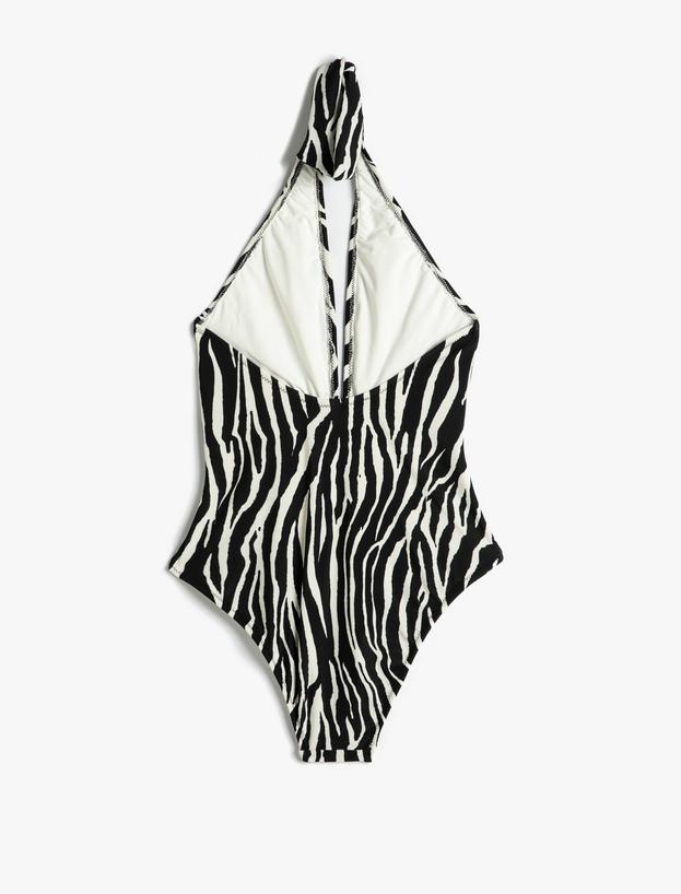 Halter Yaka Mayo Zebra Desenli Derin V Yaka Pencere Detaylı_1