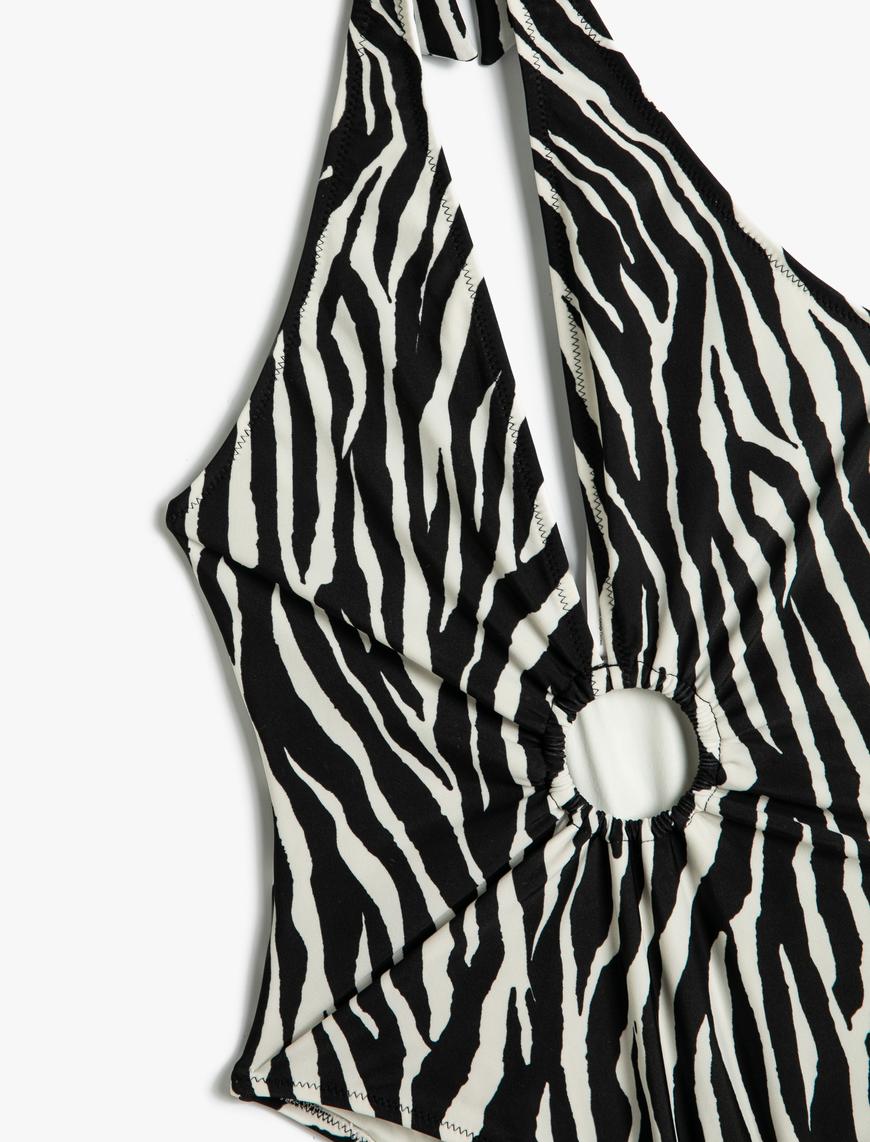   Halter Yaka Mayo Zebra Desenli Derin V Yaka Pencere Detaylı