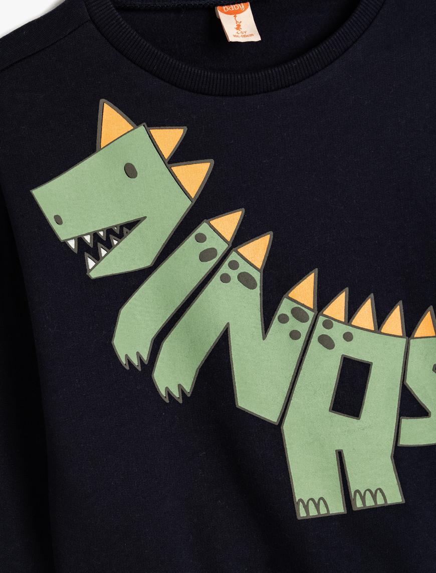  Erkek Bebek Dinozorlu Sweatshirt Uzun Kollu Bisiklet Yaka Şardonlu Pamuklu