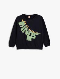 Dinozorlu Sweatshirt Uzun Kollu Bisiklet Yaka Şardonlu Pamuklu