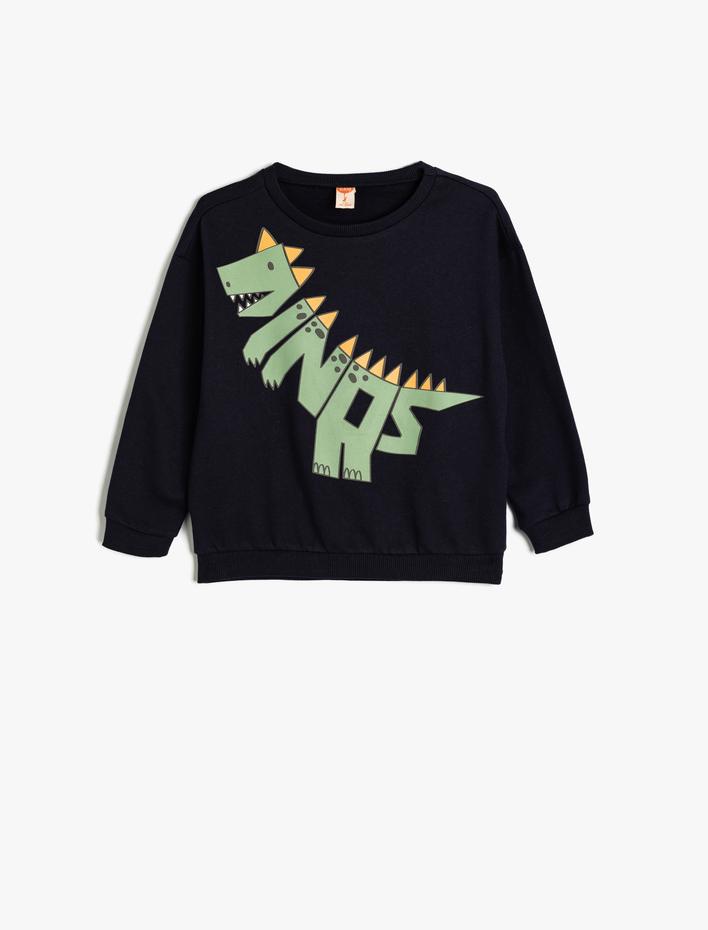 Erkek Bebek Dinozorlu Sweatshirt Uzun Kollu Bisiklet Yaka Şardonlu Pamuklu