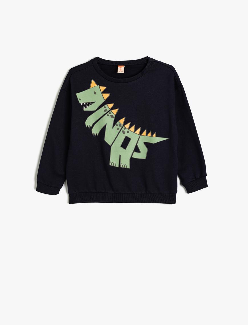  Erkek Bebek Dinozorlu Sweatshirt Uzun Kollu Bisiklet Yaka Şardonlu Pamuklu