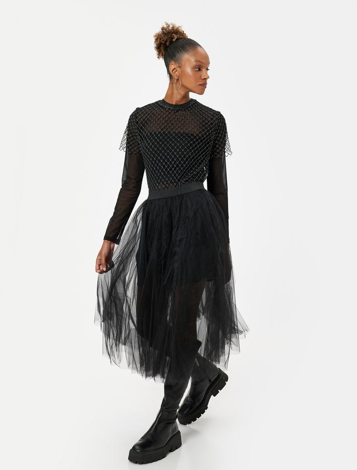  Midi Tütü Etek A Kesim Simli Beli Lastikli