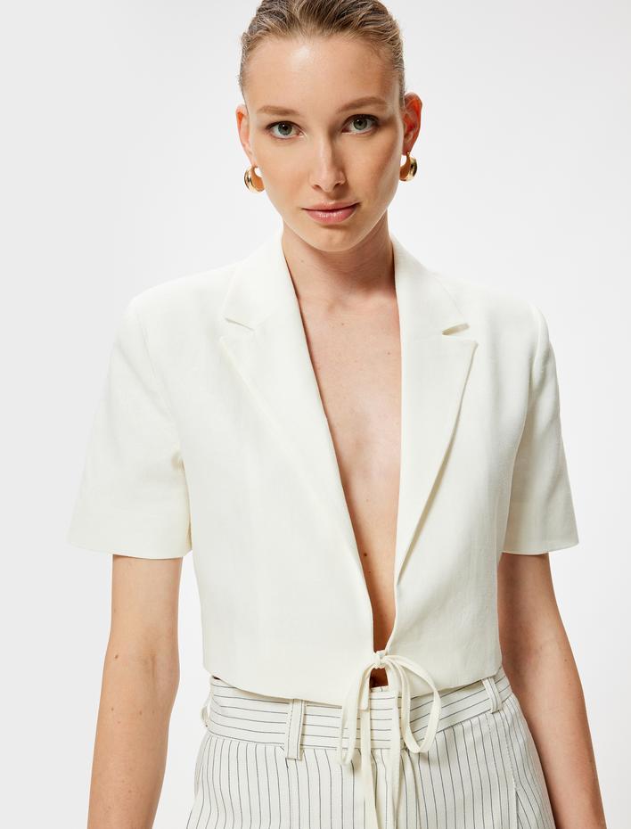  Önden Bağlamalı Crop Keten Ceket Kısa Kollu