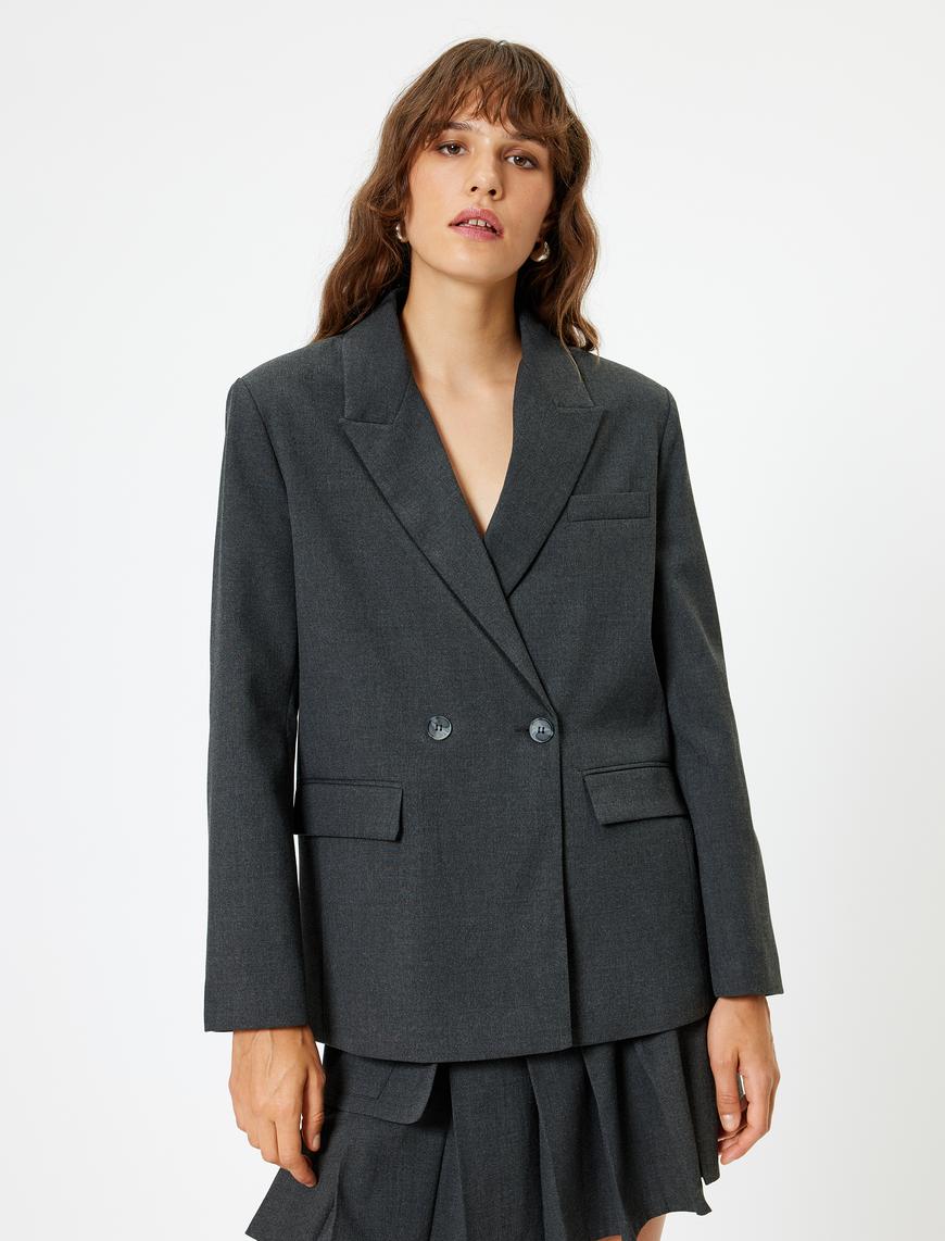   Oversize Blazer Ceket Kruvaze Ters Yaka Cepli