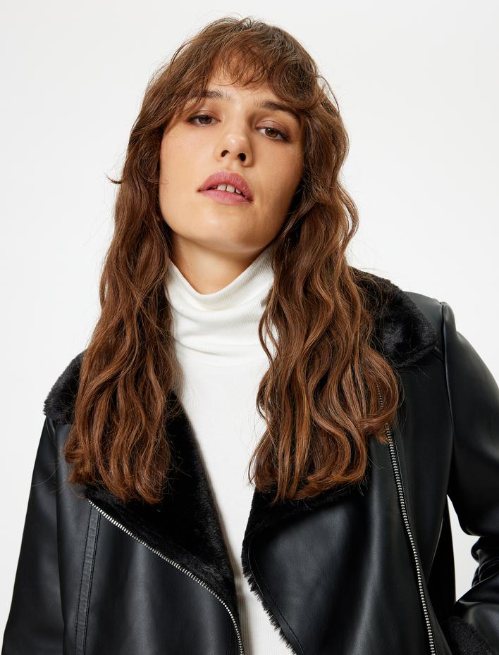  Suni Kürk Yaka Suni Deri Ceket Fermuarlı Cepli