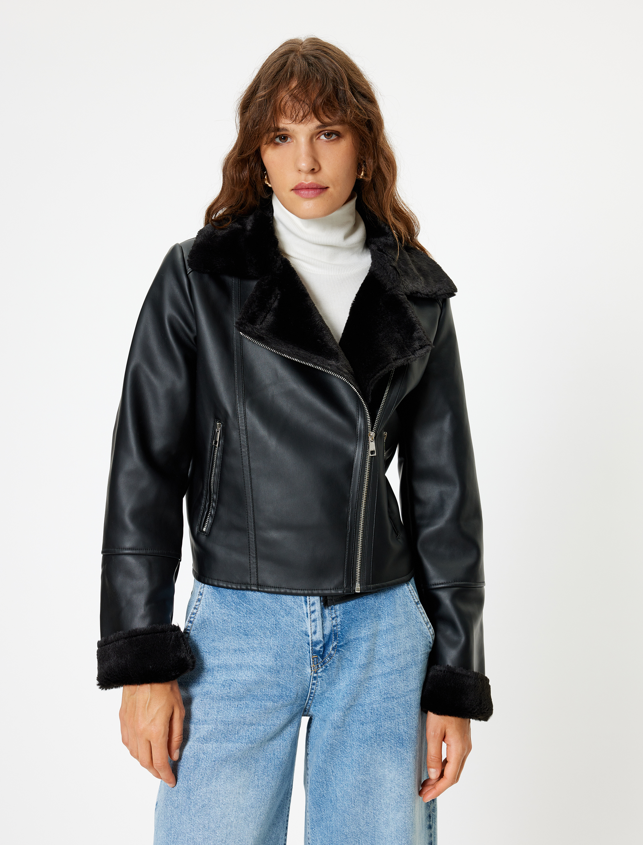   Suni Kürk Yaka Suni Deri Ceket Fermuarlı Cepli