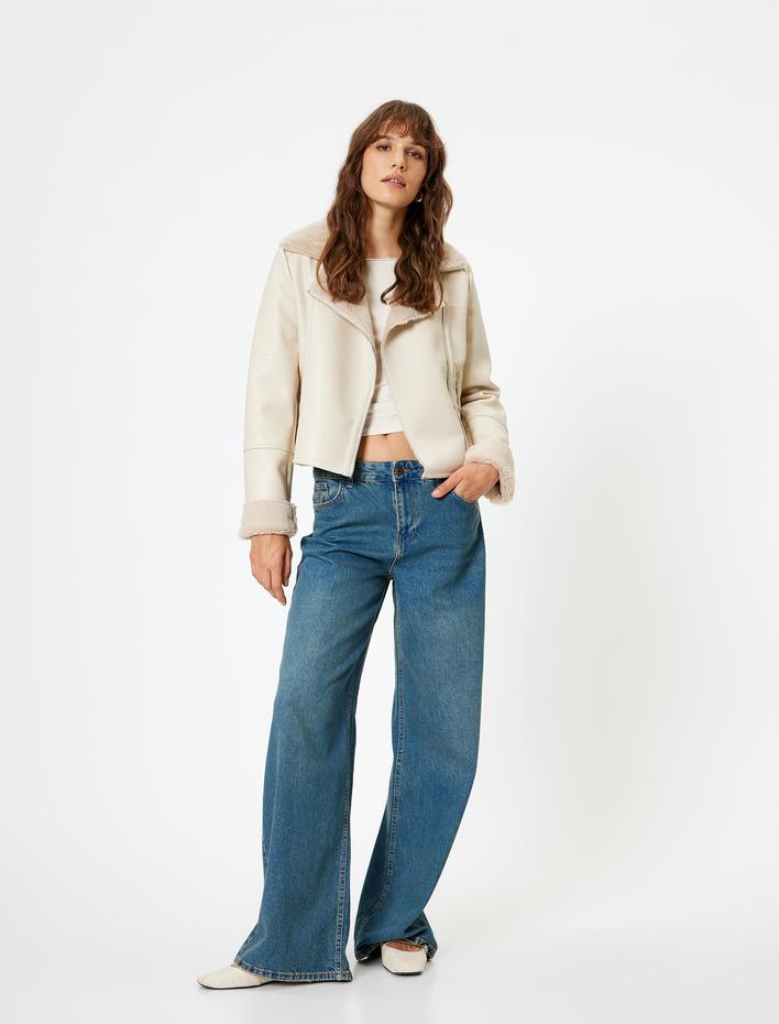  Suni Kürk Yaka Suni Deri Ceket Fermuarlı Cepli