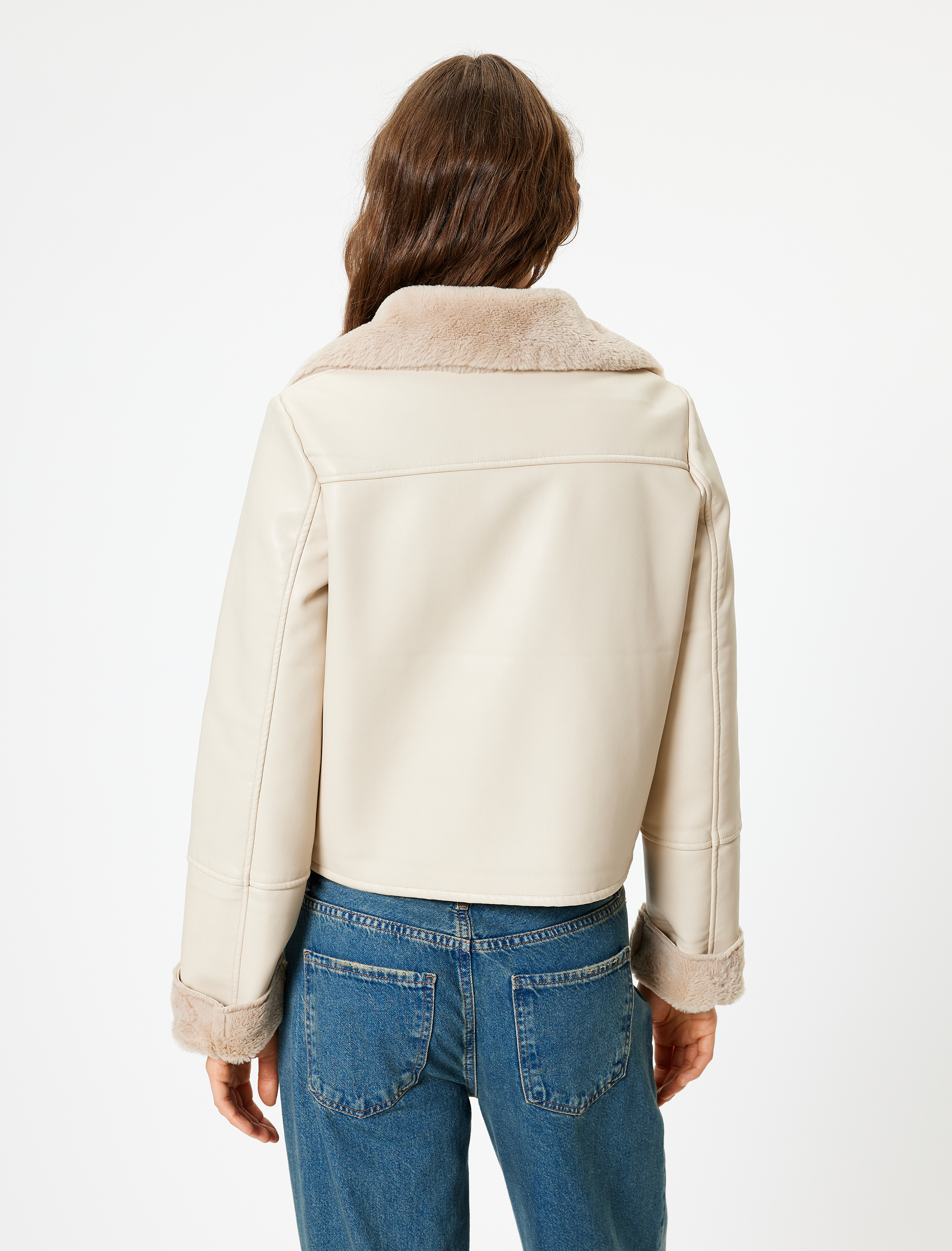   Suni Kürk Yaka Suni Deri Ceket Fermuarlı Cepli