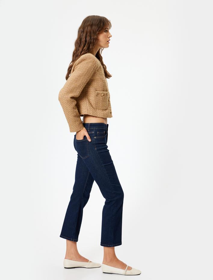  Düşük Bel Slim Fit Dikiş Detaylı Flare Crop Jeans