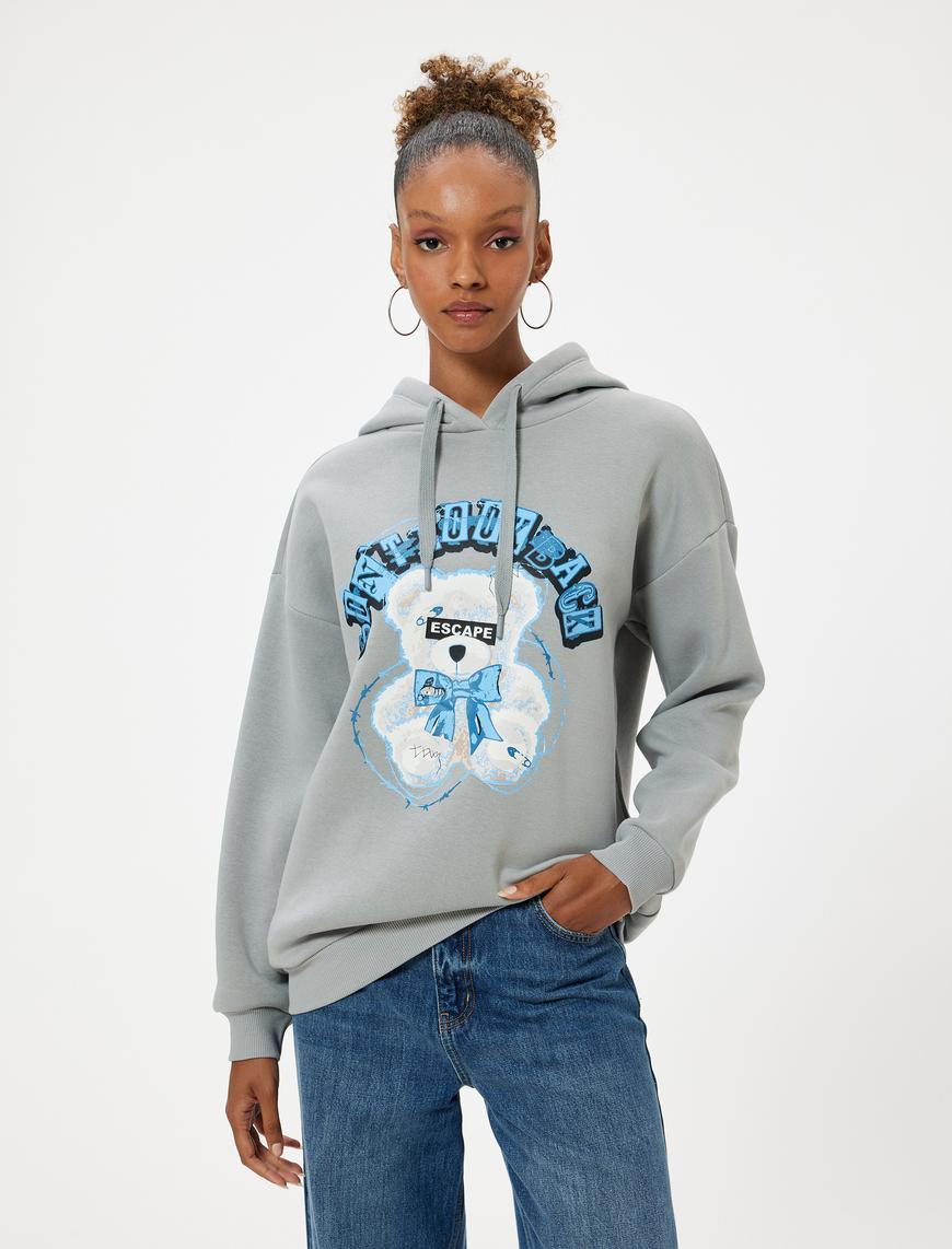   Oversize Kapüşonlu Sweatshirt Ayıcık Temalı Baskılı