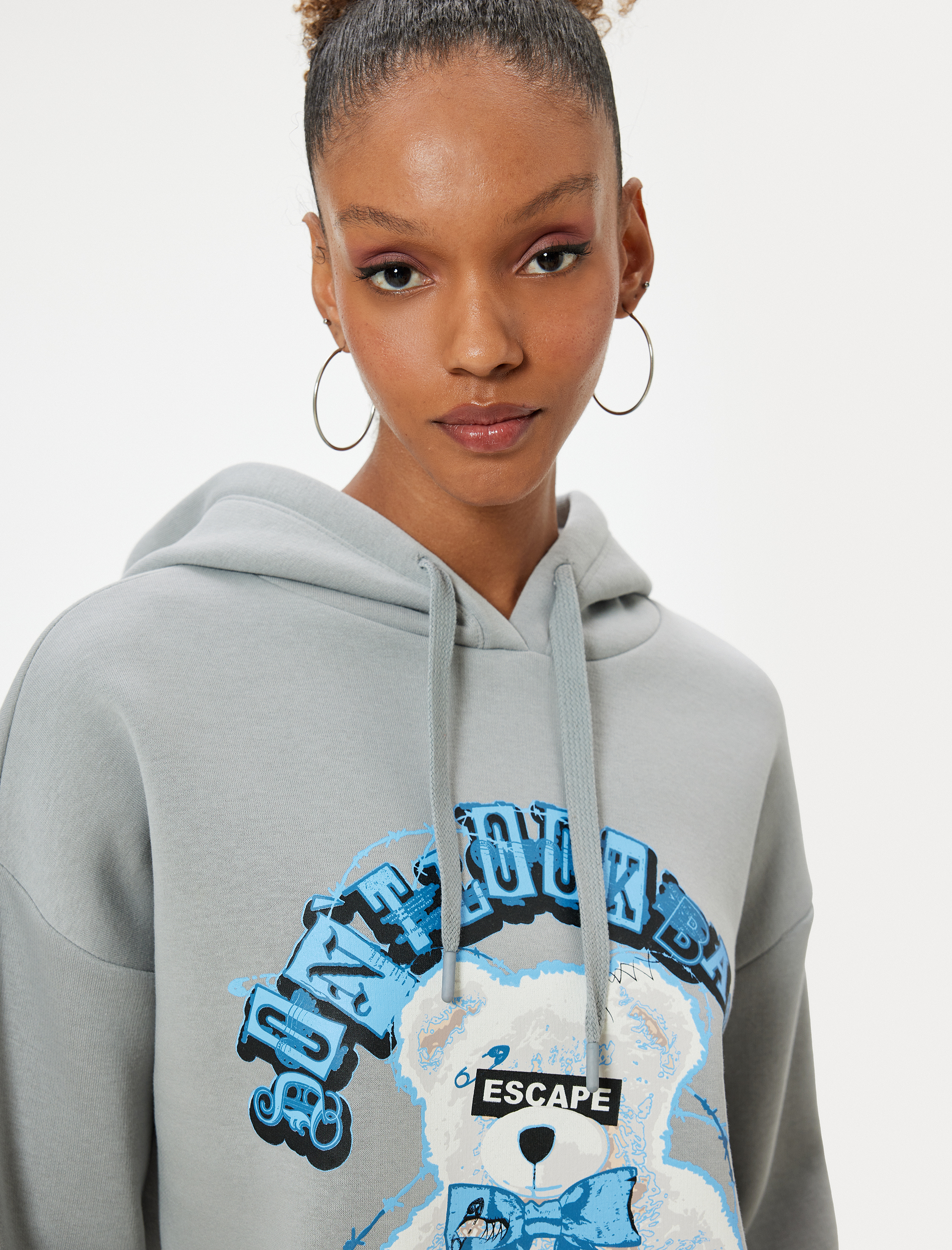   Şardonlu Oversize Kapüşonlu Sweatshirt Ayıcık Temalı Baskılı