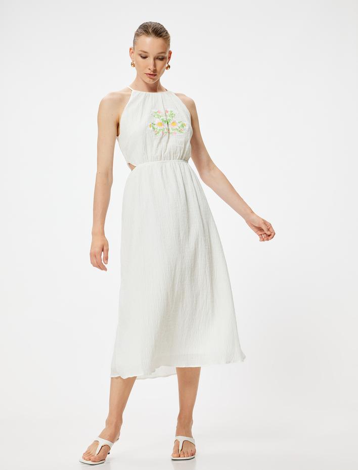  Midi Boy Halter Yaka Elbise Çiçek İşleme Detaylı Astarlı Pamuklu
