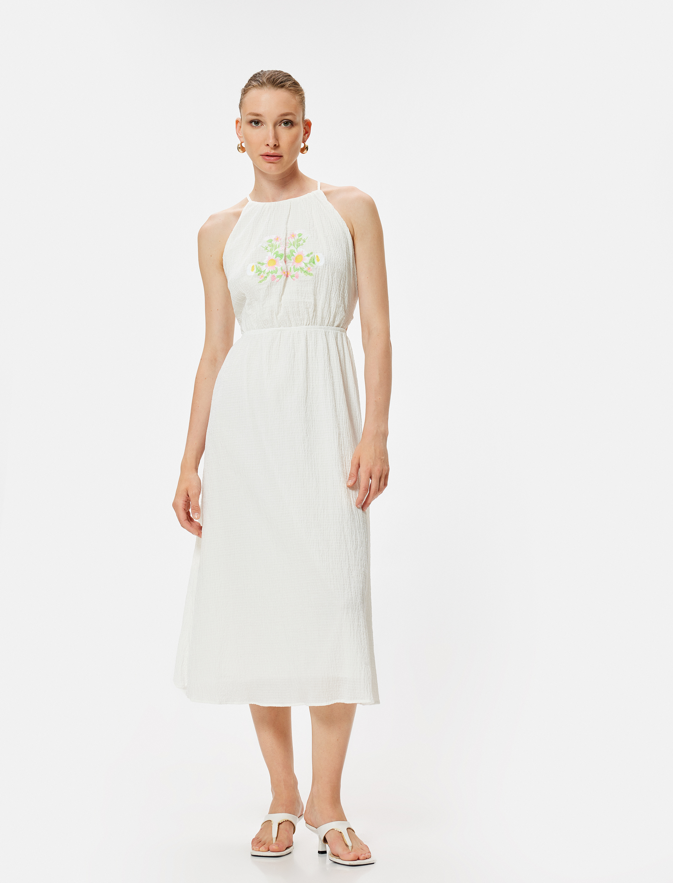   Midi Boy Halter Yaka Elbise Çiçek İşleme Detaylı Astarlı Pamuklu