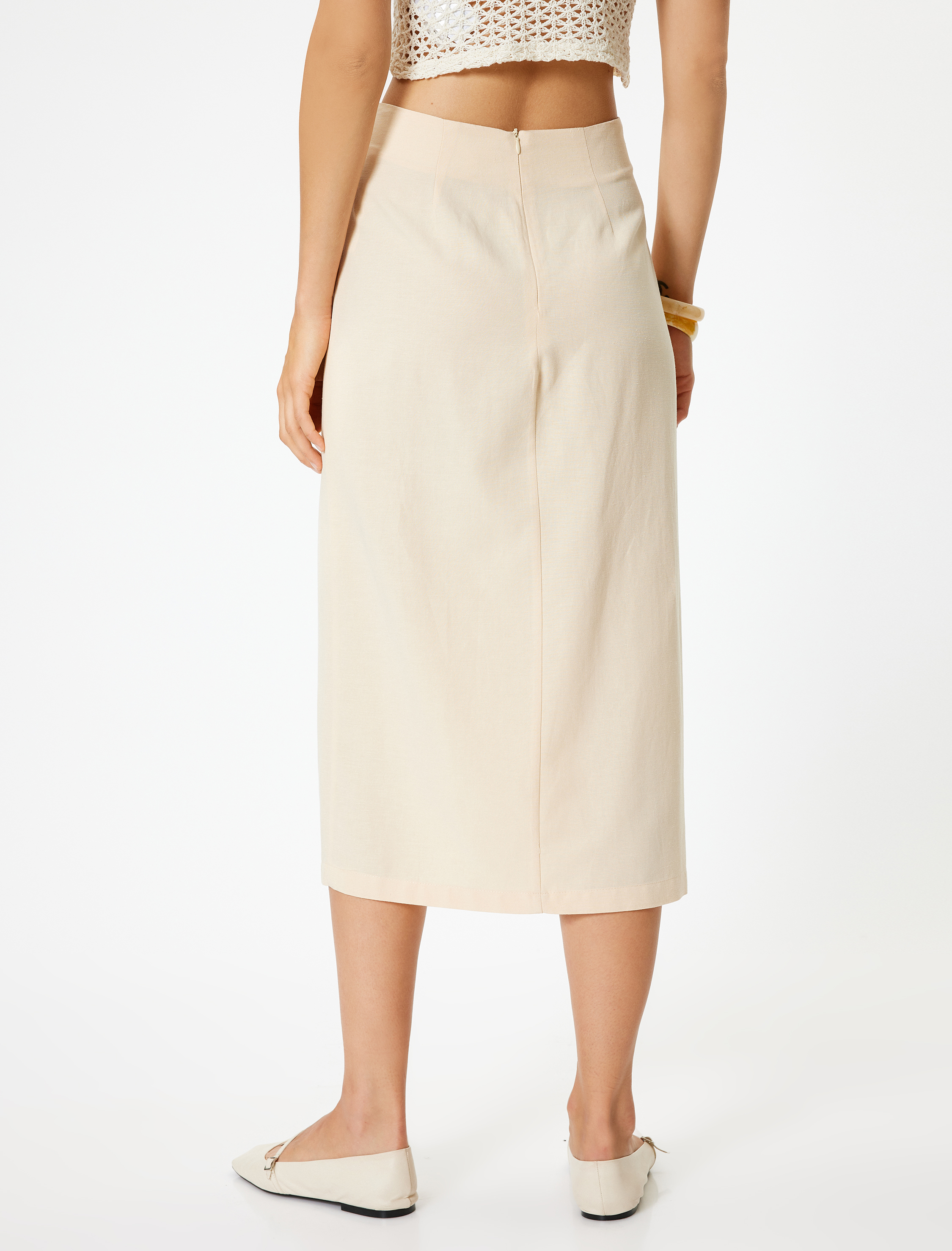   Koton X Melis Ağazat - Keten Karışımlı Midi Boy Kalem Etek Yandan Düğüm Detaylı Yırtmaçlı