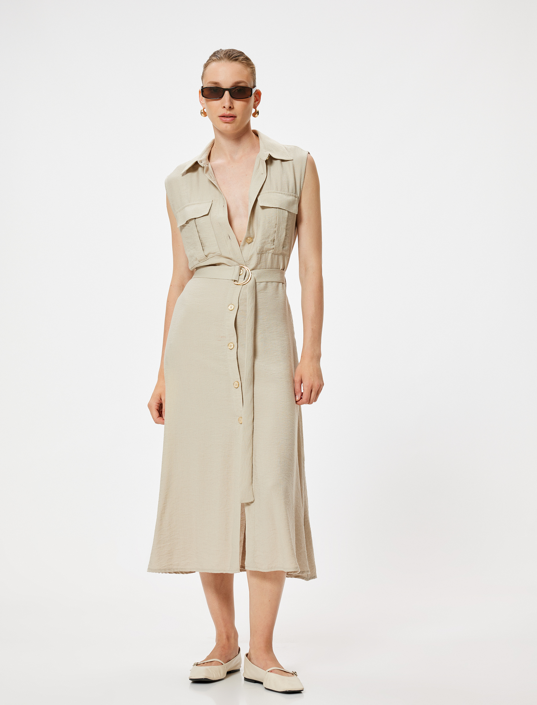   Kolsuz Midi Boy Gömlek Viskon Elbise Kemerli Cep Detaylı