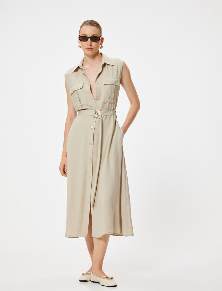  Kolsuz Midi Boy Gömlek Viskon Elbise Kemerli Cep Detaylı