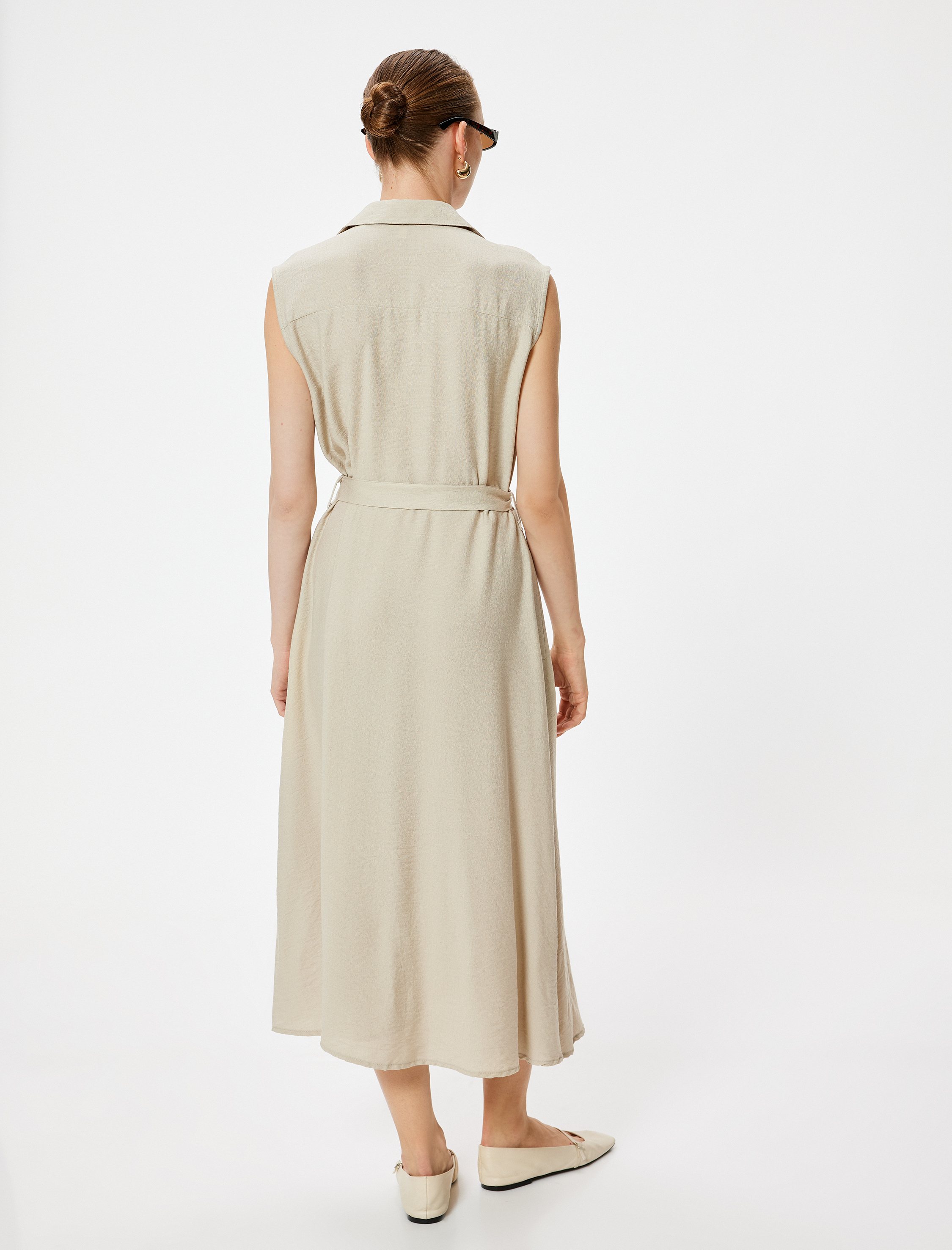   Kolsuz Midi Boy Gömlek Viskon Elbise Kemerli Cep Detaylı