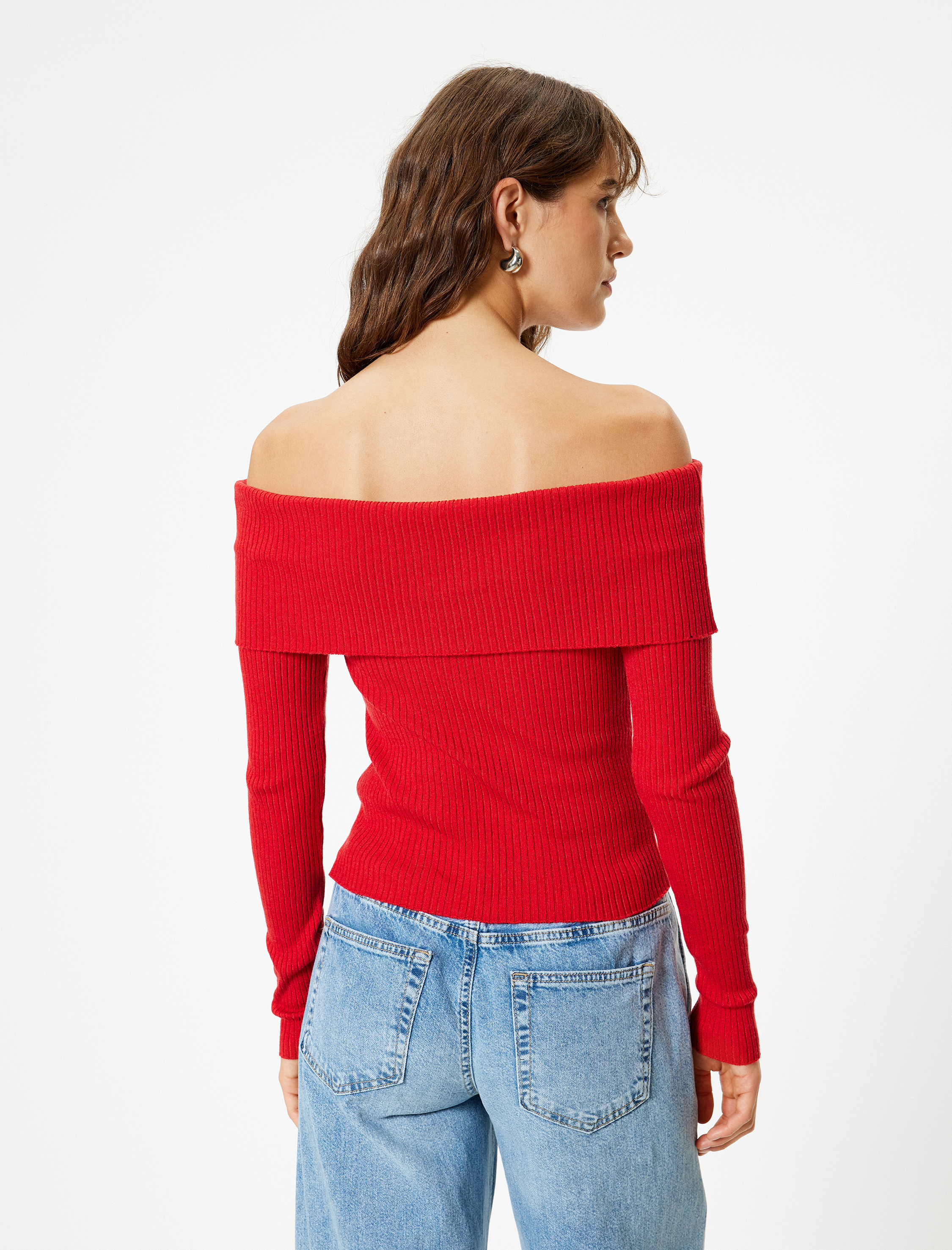   Kat Detaylı Fitilli Uzun Kollu Triko Omzu Açık Kazak