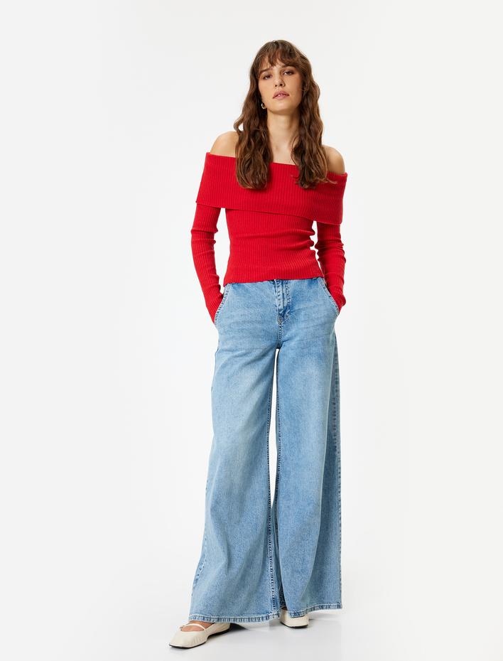  Kat Detaylı Fitilli Uzun Kollu Triko Omzu Açık Kazak