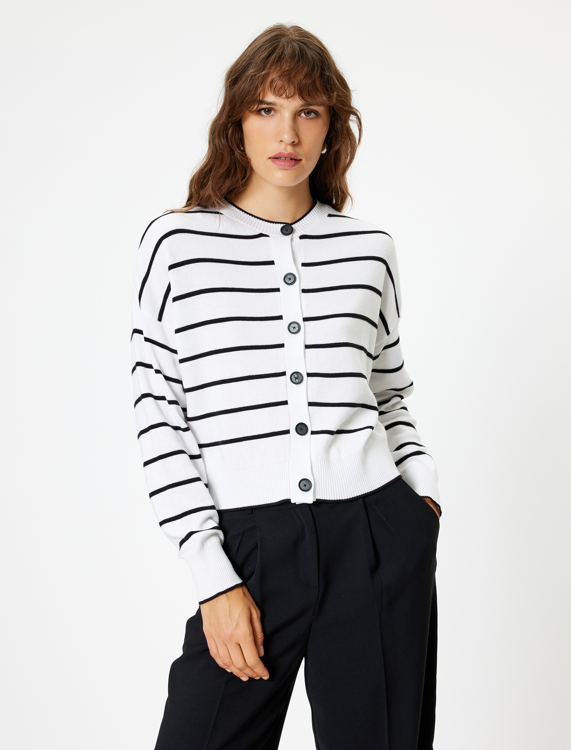   Uzun Kollu Pamuk Karışımlı Bisiklet Yaka Düğmeli Çizgili Hırka