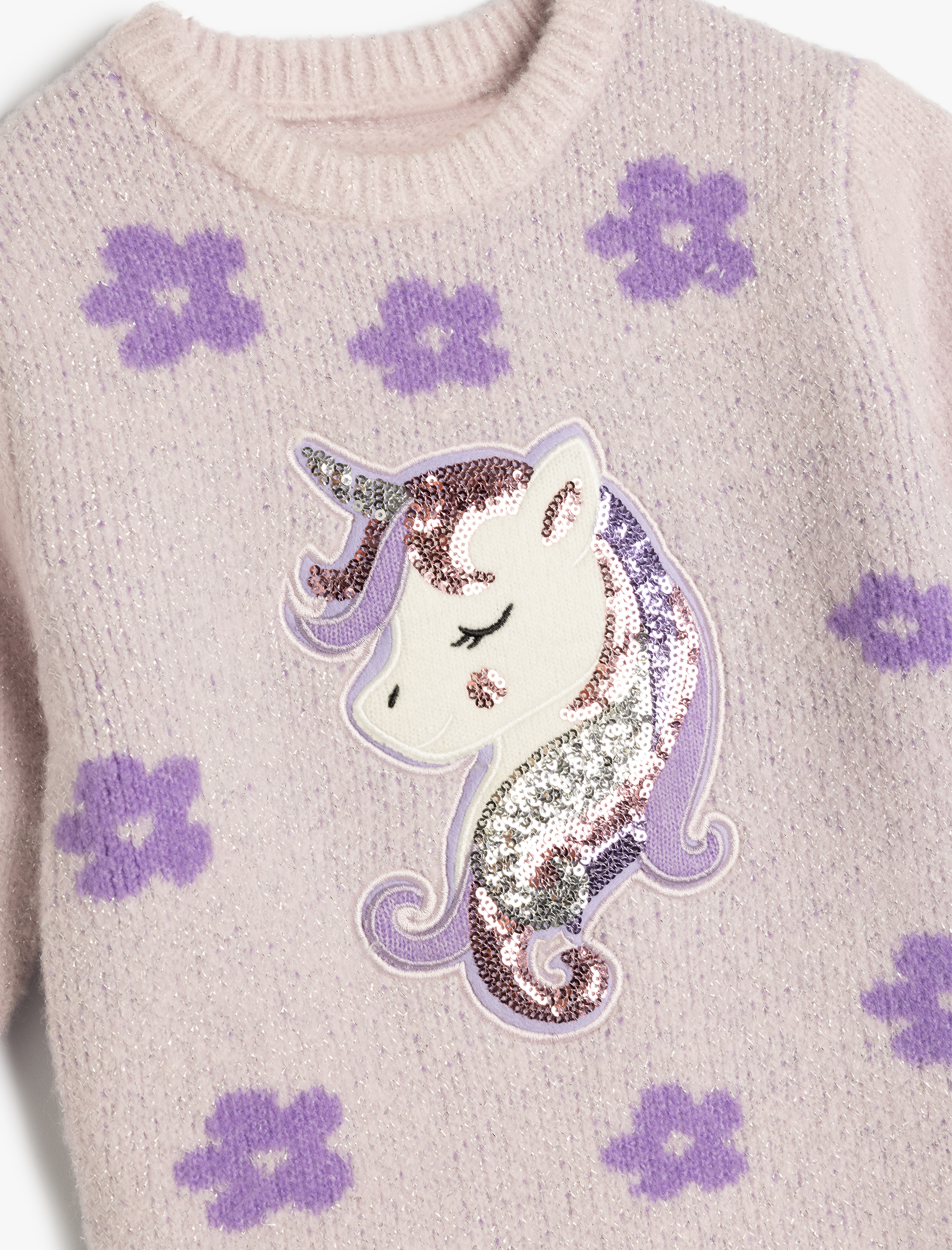 Kız Bebek Unicorn Kazak Pullu Payetli Bisiklet Yaka Uzun Kollu