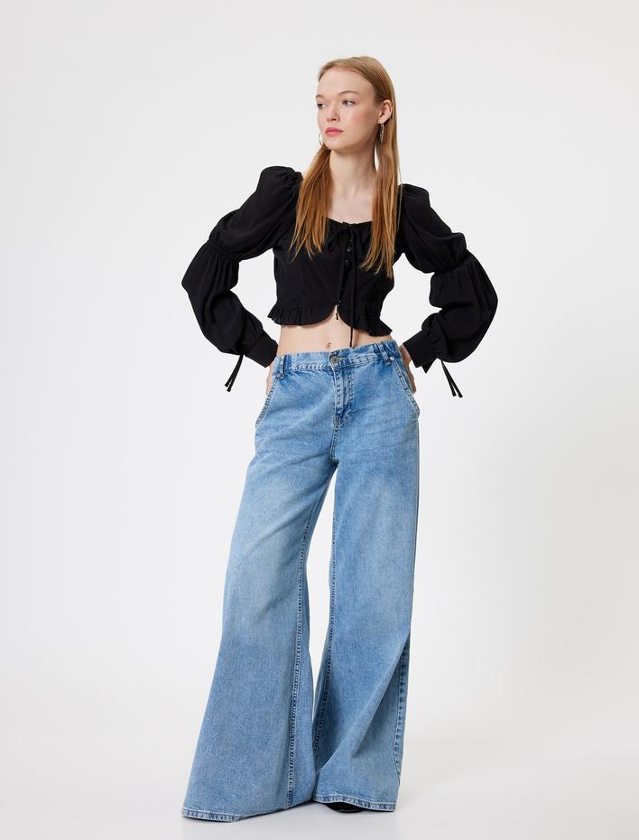  Balon Kol Kare Yaka Crop Bluz Bağlama Detaylı