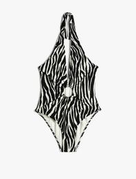 Halter Yaka Mayo Zebra Desenli Derin V Yaka Pencere Detaylı