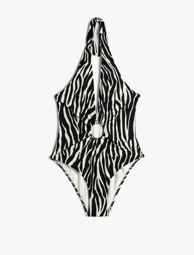 Halter Yaka Mayo Zebra Desenli Derin V Yaka Pencere Detaylı_0