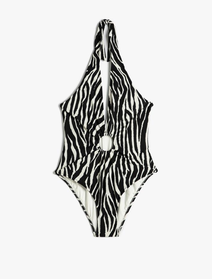  Halter Yaka Mayo Zebra Desenli Derin V Yaka Pencere Detaylı