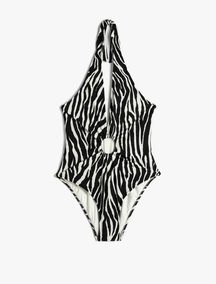   Halter Yaka Mayo Zebra Desenli Derin V Yaka Pencere Detaylı