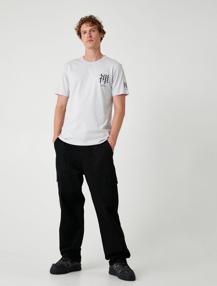  Slim Fit Tişört Kısa Kollu Slogan Baskılı Bisiklet Yaka Pamuklu