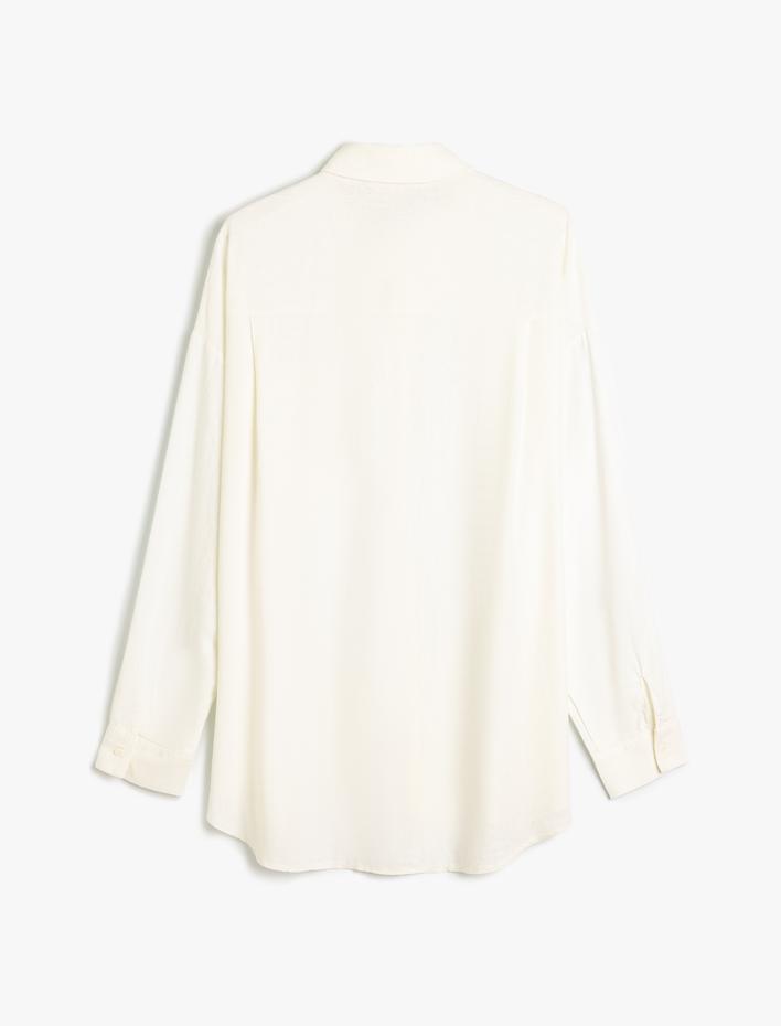  Keten Plaj Elbisesi Oversize Gömlek Yaka Cep Detaylı Uzun Kollu