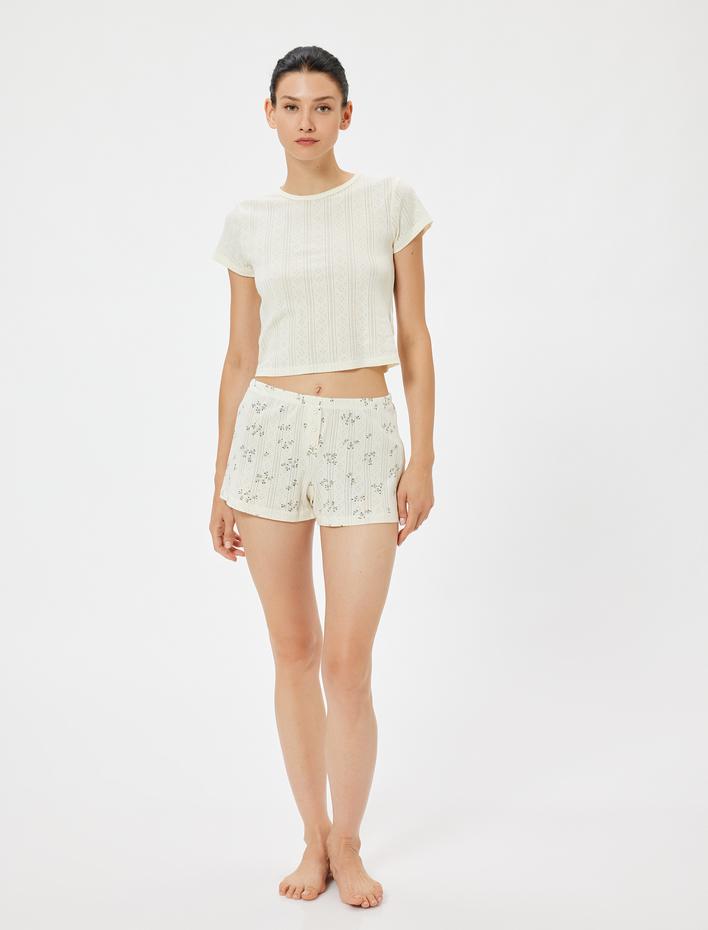  Mini Şort Pijama Altı Çiçekli Düğme Detaylı