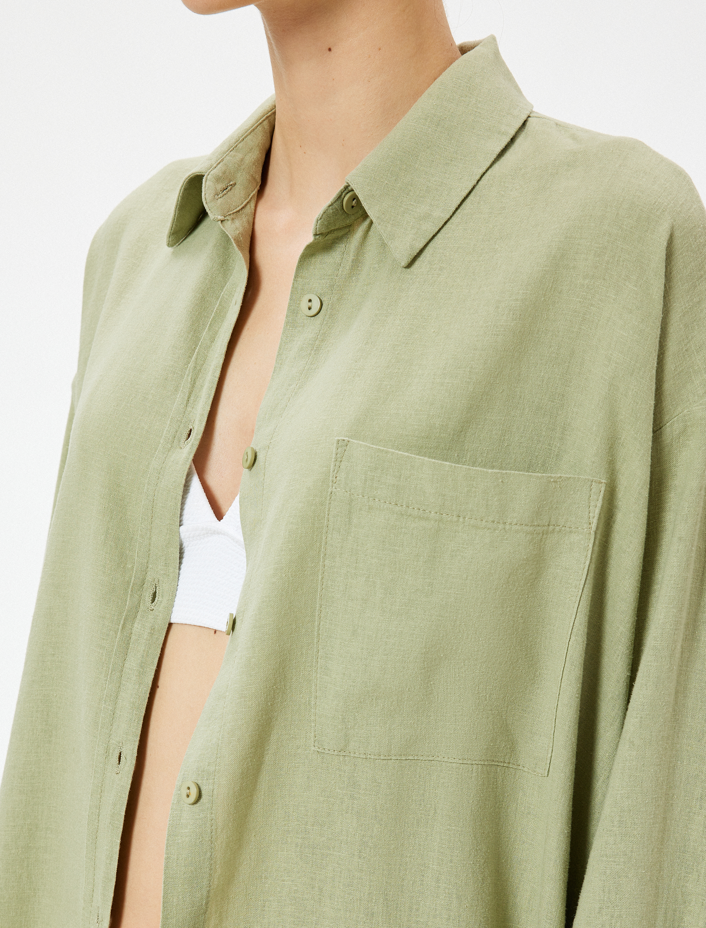 Keten Plaj Elbisesi Oversize Gömlek Yaka Cep Detaylı Uzun Kollu