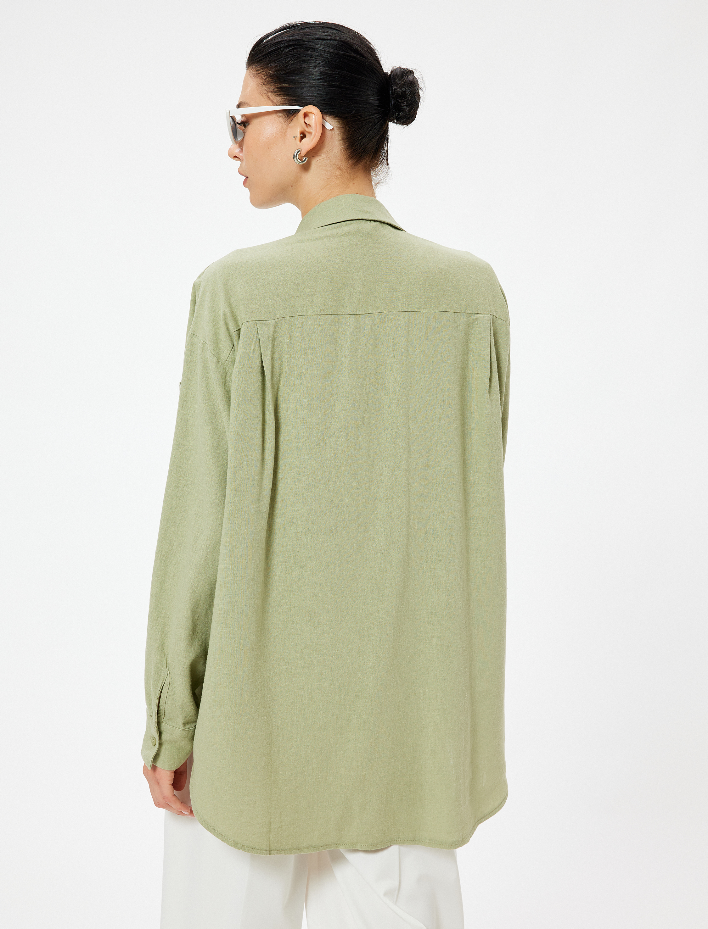 Keten Plaj Elbisesi Oversize Gömlek Yaka Cep Detaylı Uzun Kollu