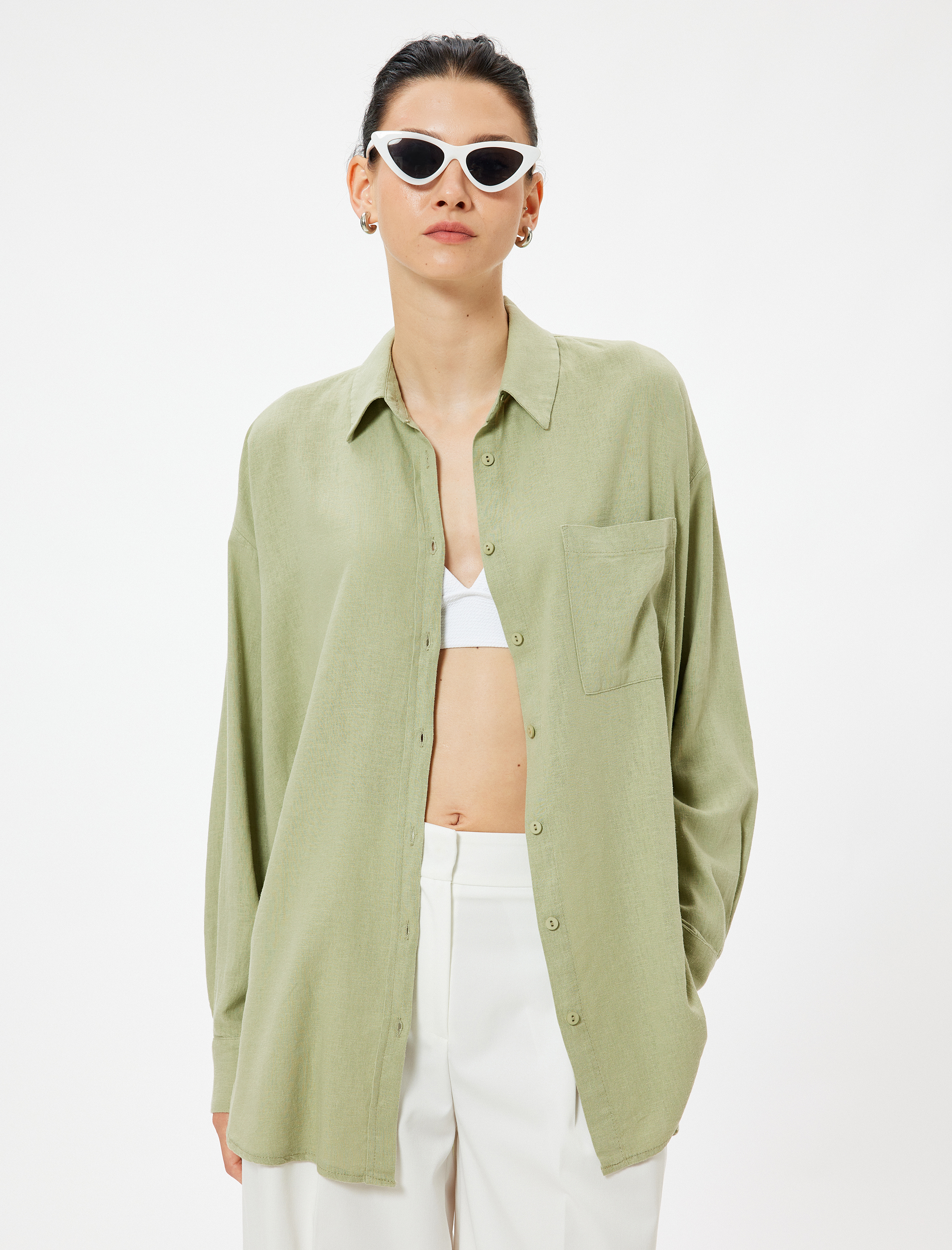 Keten Plaj Elbisesi Oversize Gömlek Yaka Cep Detaylı Uzun Kollu