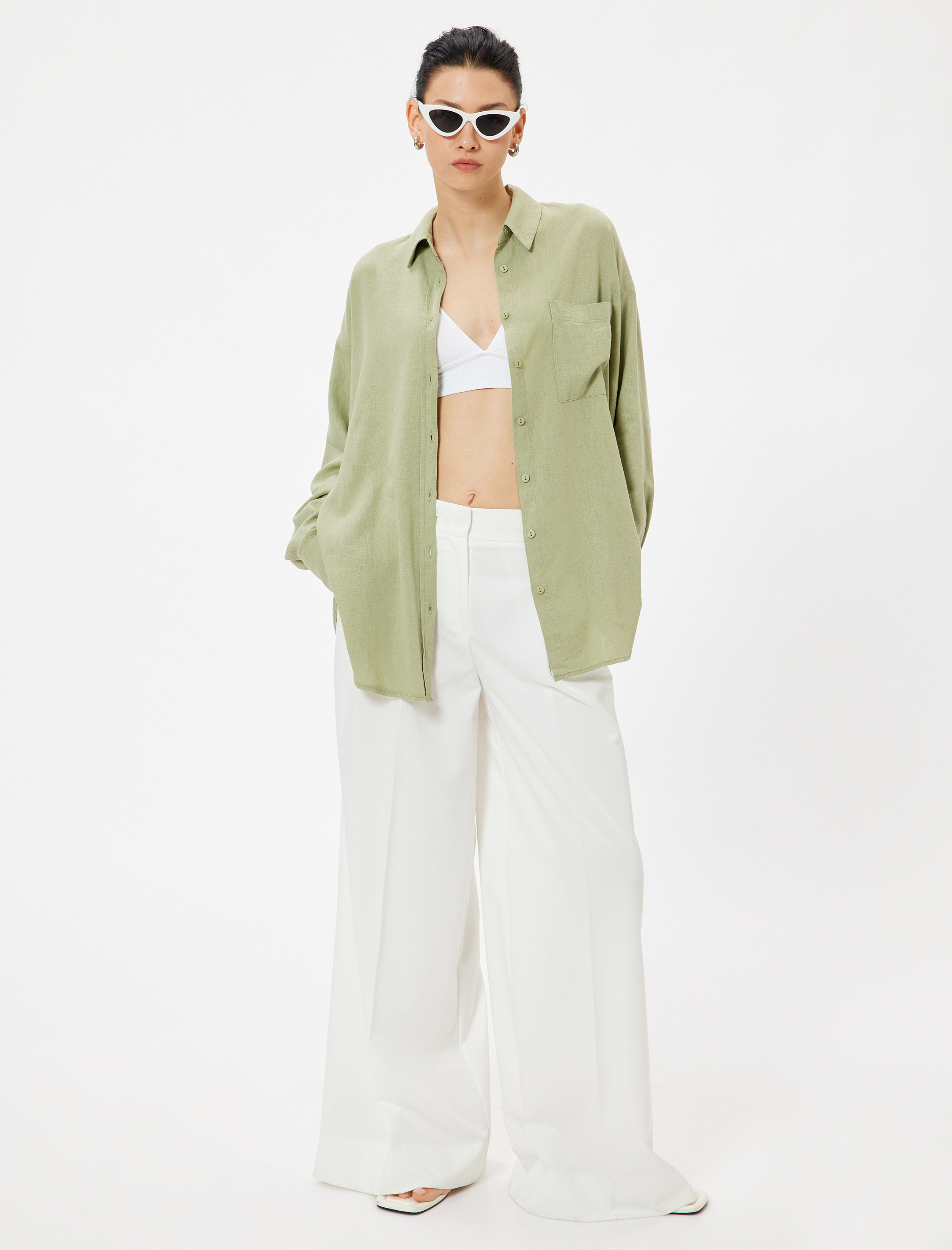 Keten Plaj Elbisesi Oversize Gömlek Yaka Cep Detaylı Uzun Kollu