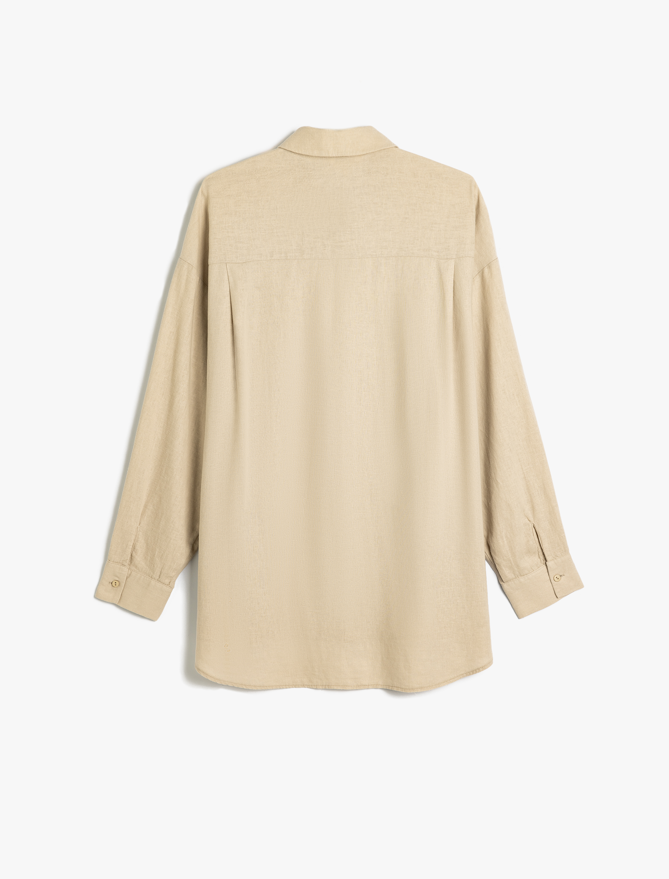 Keten Plaj Elbisesi Oversize Gömlek Yaka Cep Detaylı Uzun Kollu