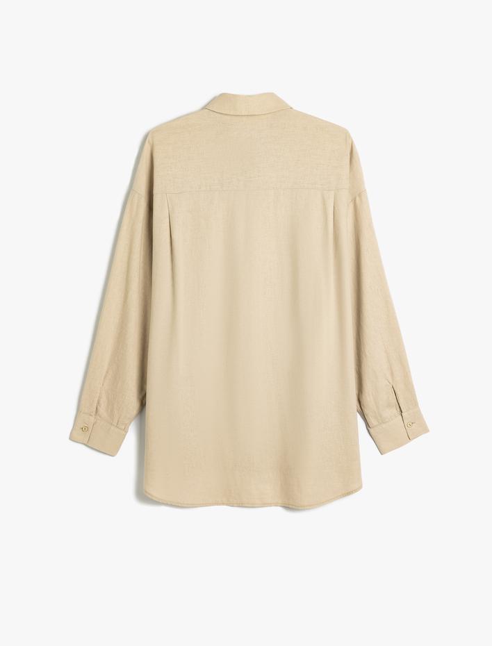  Keten Plaj Elbisesi Oversize Gömlek Yaka Cep Detaylı Uzun Kollu