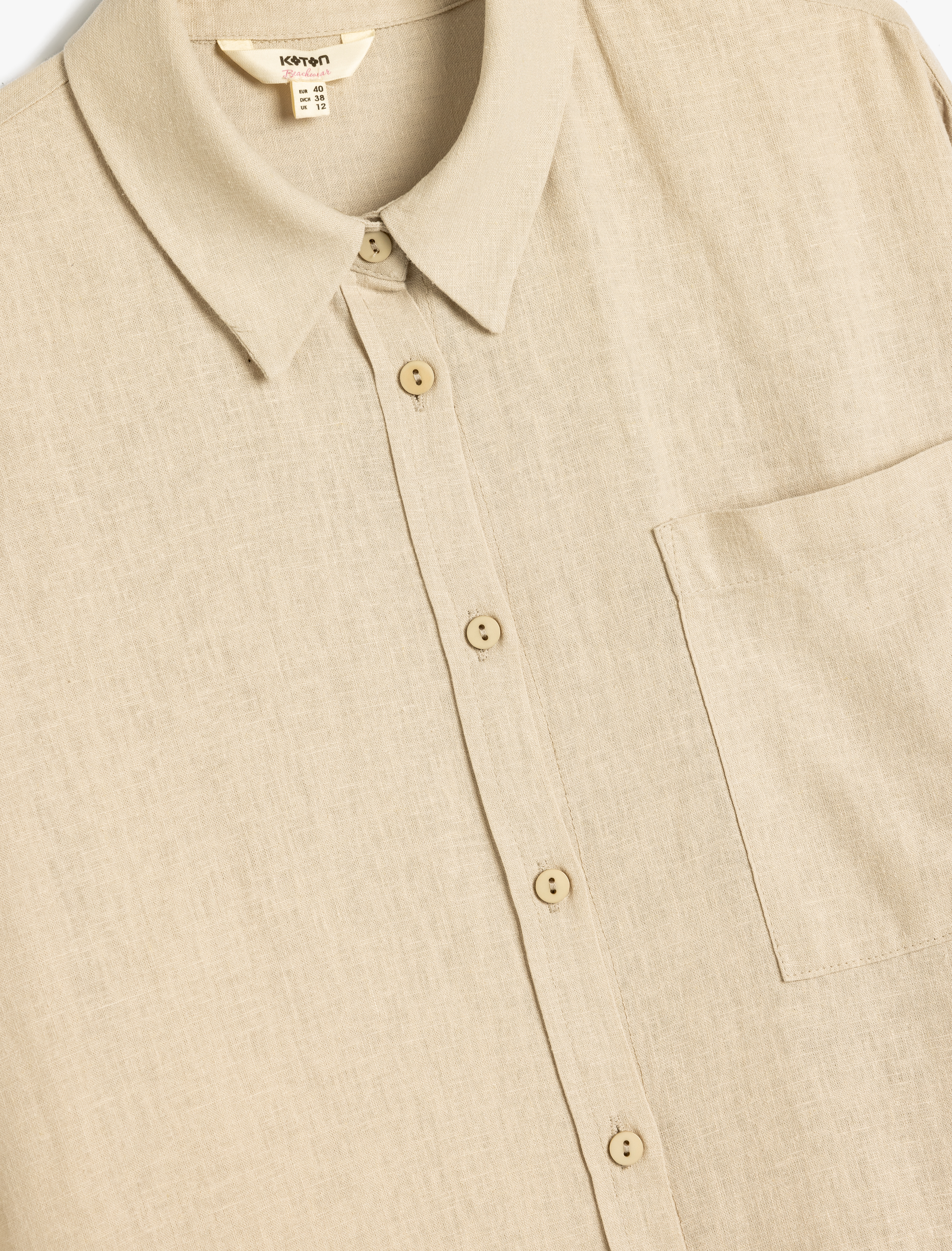 Keten Plaj Elbisesi Oversize Gömlek Yaka Cep Detaylı Uzun Kollu