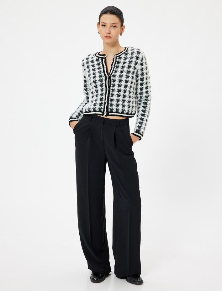  Peluş Kaz Ayağı Desenli Hırka Yuvarlak Yaka Düğmeli