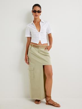 Koton X Sima Tarkan - Poplin Crop Gömlek Yarım Fermuarlı Kısa Kollu Drape Detaylı