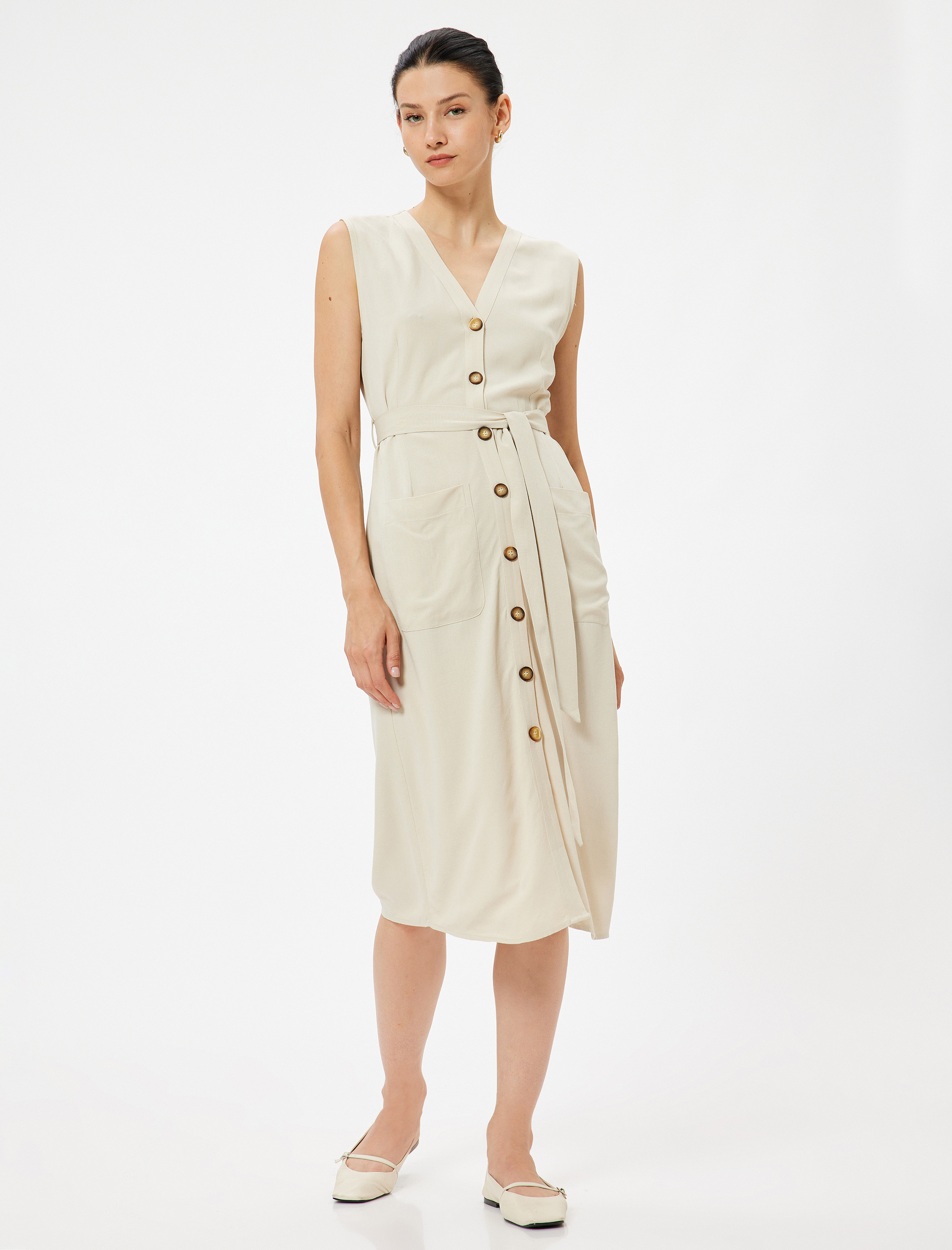   Keten Karışımlı Gömlek Elbise Midi Boy Kolsuz Kemer Detaylı Cepli