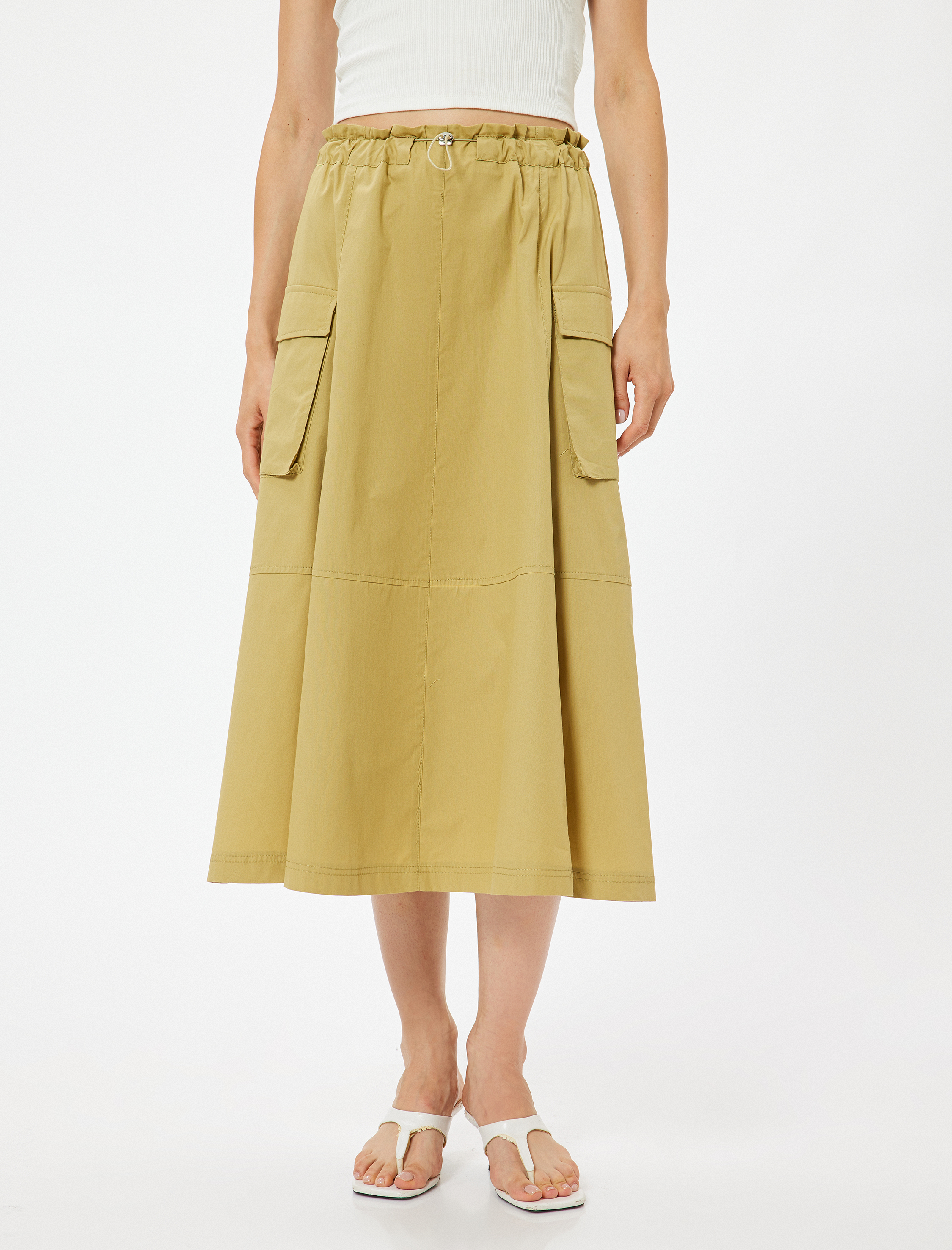   Midi Boy Kloş Etek Kargo Cepli Beli Lastikli Pamuklu