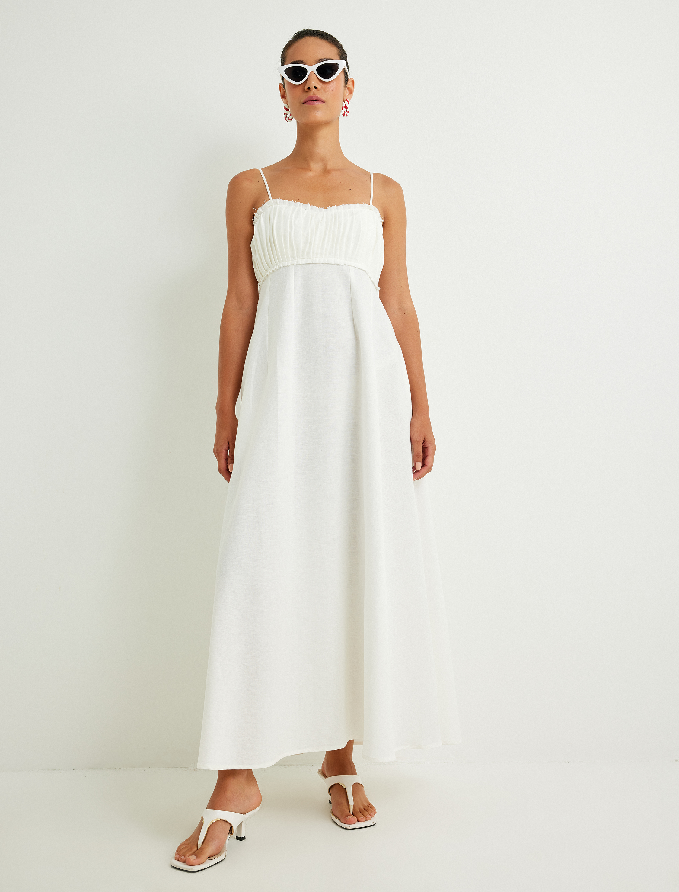   Koton X Sima Tarkan - Keten Karışımlı Uzun Elbise İnce Askılı Dokulu