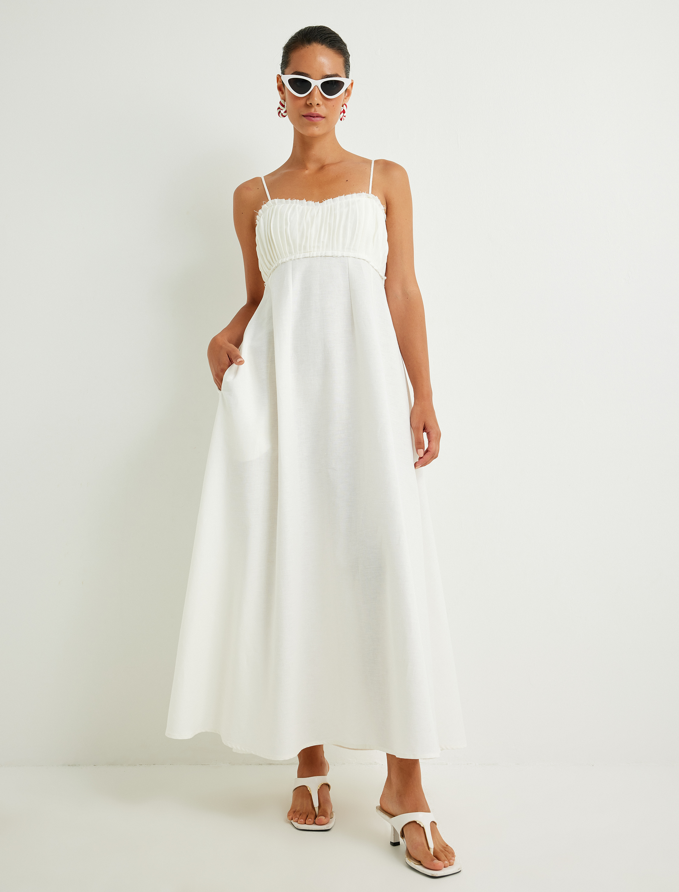   Koton X Sima Tarkan - Keten Karışımlı Uzun Elbise İnce Askılı Dokulu