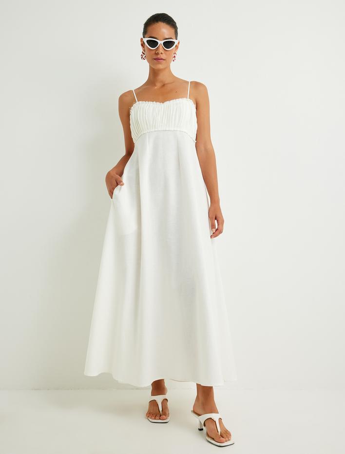  Koton X Sima Tarkan - Keten Karışımlı Uzun Elbise İnce Askılı Dokulu