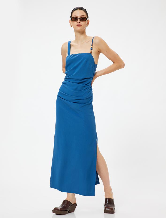  Keten Karışımlı Askılı Uzun Elbise Yırtmaç Detaylı Drapeli Astarlı